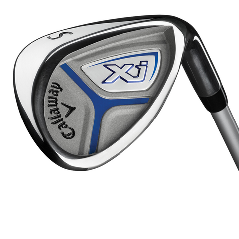 A close-up of a Callaway Junior XJ Level 2 6-Piece Golf Set club head, highlighting the XJ logo with blue and silver accents and the number 5—ideal for young golfers.
