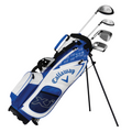 The Callaway Junior XJ Level 2 6-Piece Golf Set includes a blue and white stand bag with XJ branding, multiple pockets, and kids golf clubs—perfect for junior golfers beginning the sport.