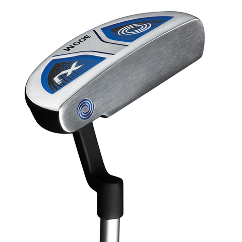 A close-up of the Callaway Junior XJ Level 2 6-Piece Golf Set putter, featuring a silver and blue design, flat brushed metal face, black shaft, geometric patterns, and a swirl logo near the head.