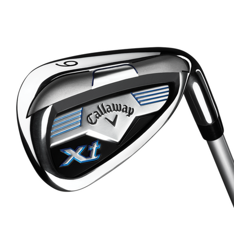 A close-up of a Callaway golf iron club from the Callaway Junior XT 10-Piece Golf Set, showcasing a metallic finish, blue and white xt logo, and the number 6 etched on the club head.