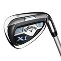 Close-up of a Callaway Junior XT 10-Piece Golf Set iron, featuring a silver, black, and blue design with the Callaway logo and a P for pitching wedge—ideal for young players.