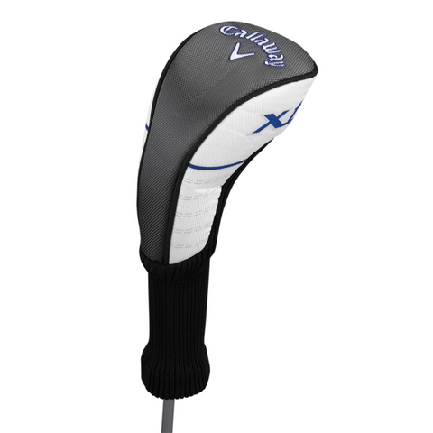 A black, white, and gray Callaway headcover with blue Callaway and X logos tops a club from the Callaway Junior XT 10-Piece Golf Set, protecting junior clubs in style.