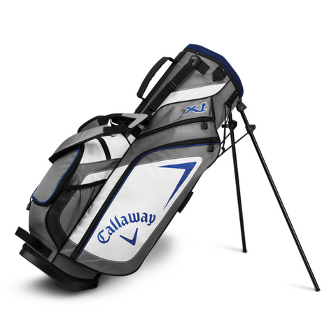 The Callaway Junior XT 10-Piece Golf Set features a white, black, and blue stand bag with multiple pockets and the Callaway logo—ideal for young golfers starting out.