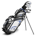 The Callaway Junior XT 10-Piece Golf Set by Callaway includes several junior golf clubs with head covers and a white, gray, and blue stand bag that stands upright on extended support legs.