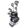 The Callaway Junior XT 10-Piece Golf Set features drivers, irons, and a putter with head covers, all neatly arranged in a white, gray, and blue Callaway bag—ideal for young golfers.
