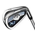A close-up of a Callaway 7-iron with blue and silver XT branding, part of the Callaway Junior XT 10-Piece Golf Set for young golfers.