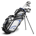The Callaway Junior XT 10-Piece Golf Set is a kids’ golf set featuring junior clubs and a gray, white, and blue stand bag with multiple pockets and the Callaway logo—ideal for young golfers.