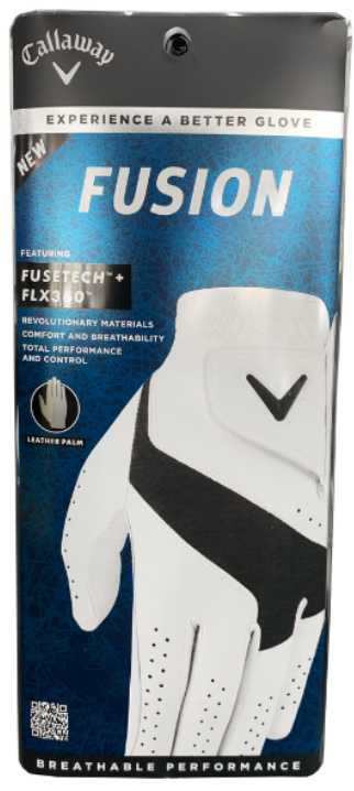 Packaging for the Callaway Men's Fusion Glove | White highlights a white and black glove with reliable grip, FuseTech+ FLX360 materials, leather palm, and breathable performance. Features blue and silver design with the Callaway logo at the top.