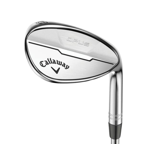 A close-up of the Callaway Men's OPUS Brushed Chrome Wedge highlights its sleek chrome finish, engraved OPUS and Callaway branding, and showcases this premium wedge designed for superior spin control with precision grooves.