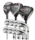 The Callaway Mens X-Hot Package Set, by Callaway, features drivers, woods, and irons for distance and forgiveness with black, silver, and red accents, all displayed upright on a white background.