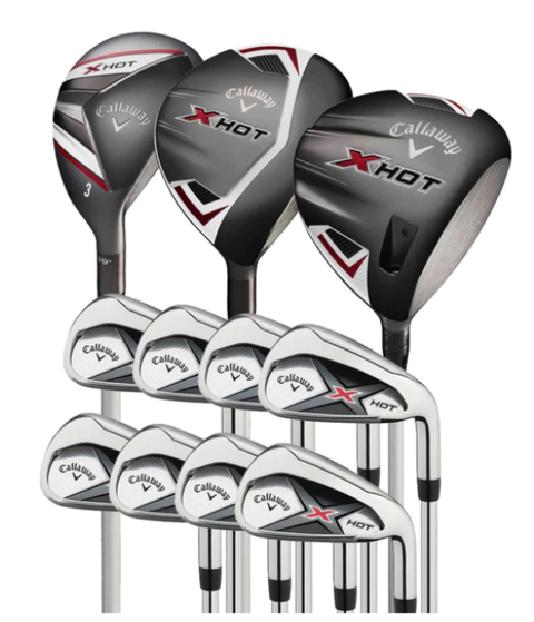 The Callaway Mens X-Hot Package Set, by Callaway, features drivers, woods, and irons for distance and forgiveness with black, silver, and red accents, all displayed upright on a white background.