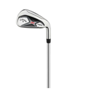A Callaway Mens X-Hot iron from the Callaway Mens X-Hot Package Set, featuring a silver club head with black and red accents and a metallic shaft—designed for distance and forgiveness—displayed against a plain white background.