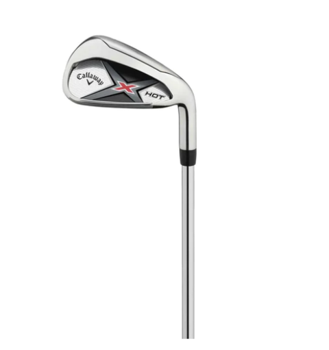 A Callaway Mens X-Hot iron from the Callaway Mens X-Hot Package Set, featuring a silver club head with black and red accents and a metallic shaft—designed for distance and forgiveness—displayed against a plain white background.