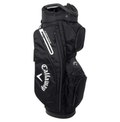 A black Callaway golf bag from the Callaway Mens X-Hot Package Set, featuring multiple zippered compartments and white branding, stands upright—perfect for carrying your clubs designed for distance and forgiveness.