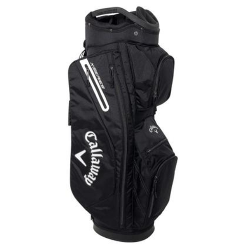 A black Callaway golf bag from the Callaway Mens X-Hot Package Set, featuring multiple zippered compartments and white branding, stands upright—perfect for carrying your clubs designed for distance and forgiveness.