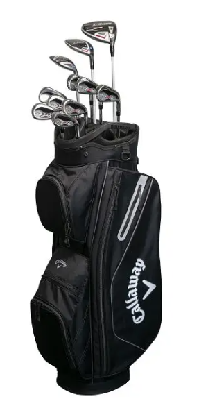A black Callaway bag holds the Callaway Mens X Hot Package Set, featuring multiple clubs and side pockets with a zippered compartment—ideal for organizing your complete golf set.