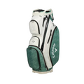The Callaway ORG 14 Cart Bag 2024 is a green and white golf cart bag with multiple zippered compartments, a sturdy top handle, and a convenient 14-way top divider, shown on a white background.