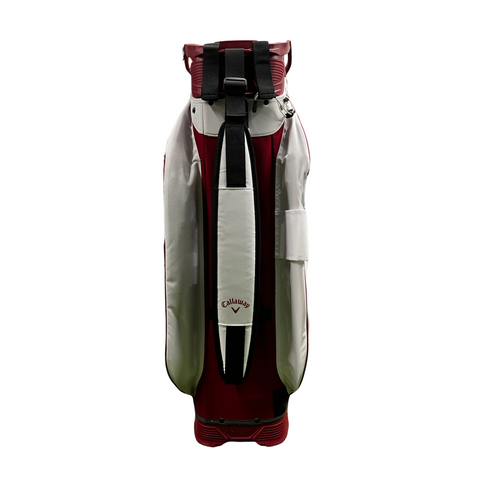 The Callaway ORG 14 Cart Bag 2024 in red, white, and black stands upright on a plain white background, showing a single padded shoulder strap, visible Callaway logo, and a 14-way top divider.