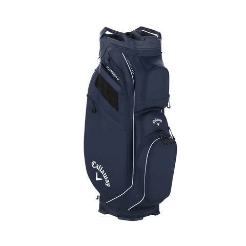 The Callaway ORG 14 Cart Bag 2024 is a navy blue golf cart bag with black mesh accents, white Callaway logos, multiple zippered compartments, reinforced handles, sleek white trim, and a 14-way top divider for club organization.