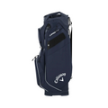 The Callaway 2024 ORG 14 Cart Bag in navy features white branding, multiple zippered pockets, a shoulder strap, and a sturdy base—combining convenience and style for golfers.
