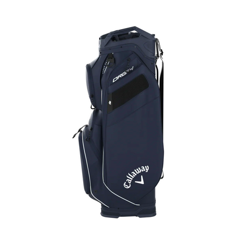 The Callaway 2024 ORG 14 Cart Bag in navy features white branding, multiple zippered pockets, a shoulder strap, and a sturdy base—combining convenience and style for golfers.