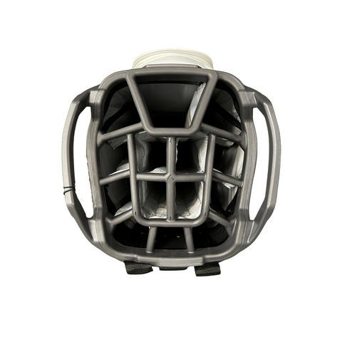 Top view of the Callaway 2024 ORG 14 Cart Bag by Callaway, displaying its organized 14-way top compartments—similar to helmet padding and channels—with side handles and black straps visible at the bottom.