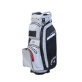 The Callaway ORG 14 HD Cart Bag 2025, in gray and black, stands upright on its base against a white background. Featuring multiple zippered pockets, this waterproof golf bag from Callaway is ideal for organized, all-weather play.