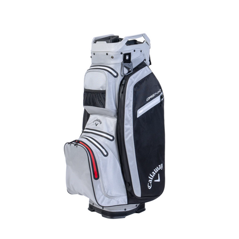The Callaway ORG 14 HD Cart Bag 2025, in gray and black, stands upright on its base against a white background. Featuring multiple zippered pockets, this waterproof golf bag from Callaway is ideal for organized, all-weather play.