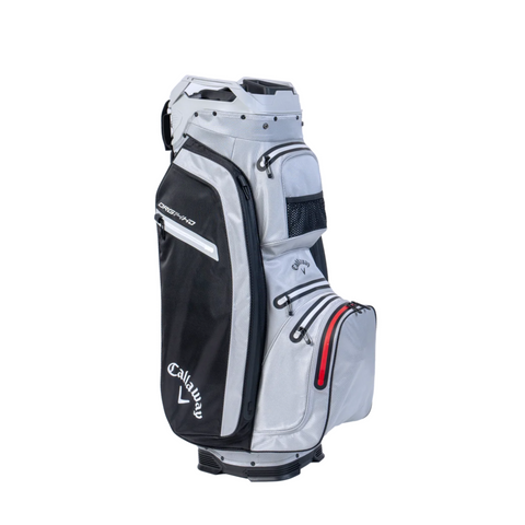 The Callaway ORG 14 HD Cart Bag 2025 in gray and black features multiple zippered pockets, a padded top handle, and a sturdy base. This waterproof golf cart bag stands upright on a white background—ideal for any course.