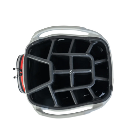 Top view of the Callaway ORG 14 HD Cart Bag 2025 by Callaway, a waterproof golf bag in grey and black with red accents, multiple club dividers, and side handles.