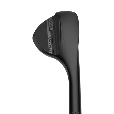 Close-up of the Callaway Opus SP Wedge | Black Shadow, featuring engraved brand and model details on the back of the black golf wedge head.