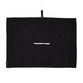 Callaway Outperform Players Golf Towel in black, showing centre club-head slit and quick-snap attachment.