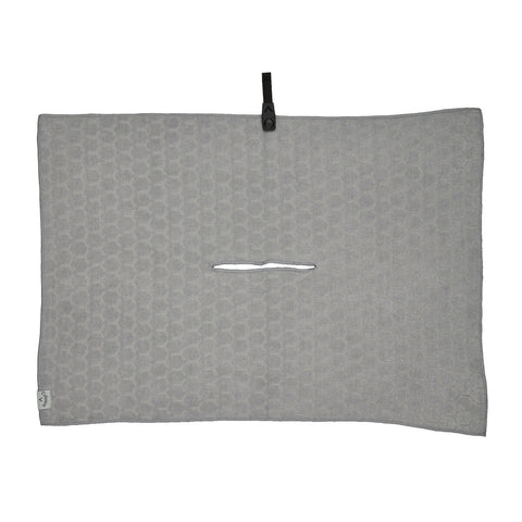 Callaway Outperform Players Golf Towel in silver, showing debossed pattern, centre slit and quick-snap attachment.
