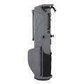 A side view of the gray Callaway Par 3 Stand Bag by Callaway, featuring a lightweight, minimalist design with a zippered pocket, mesh compartment, top carrying handle, and sleek profile.