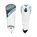 Two white Callaway Women's Paradym Ai Smoke Max Fast Fairway Wood headcovers with blue and black accents, one displaying the front with “SMOKE” and “PARADYM,” the other showing a large “3” on the back.