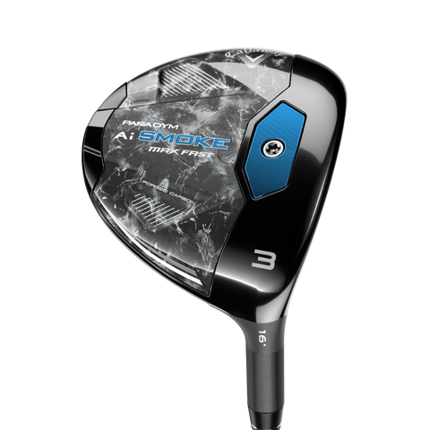 A close-up of a Callaway Women's Paradym Ai Smoke Max Fast Fairway Wood, a lightweight club with a black and silver head featuring marble-like patterns and blue accents designed for effortless launch.