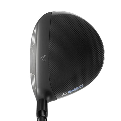 A close-up of the top of the Callaway Women's Paradym Ai Smoke Max Fast Fairway Wood, featuring a black, lightweight head with textured carbon detailing, white alignment lines, a V-shaped Callaway logo, and "Ai SMOKE" text near the base.