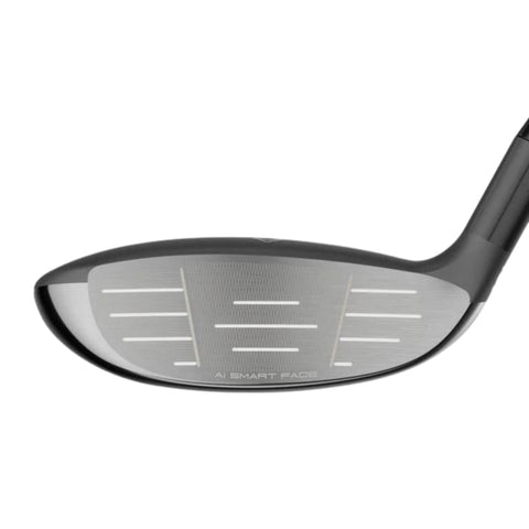 Close-up view of the Callaway Women's Paradym Ai Smoke Max Fast Fairway Wood head shows horizontal grooves and "AI SMART FACE" engraved near the bottom. This lightweight Callaway club features a sleek, metallic finish for easy launch.