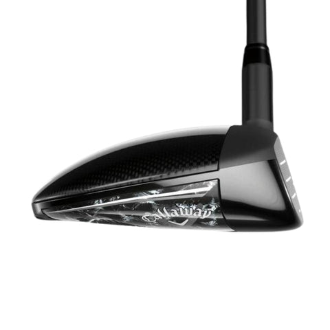 A close-up side view of the Callaway Women's Paradym Ai Smoke Max Fast Fairway Wood showcases its lightweight, sleek black clubhead design with a visible Callaway logo.