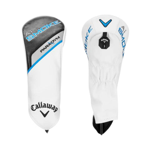 Two white Callaway Women's Paradym Ai Smoke Max Fast Fairway Wood headcovers with blue and black accents, one displaying the front with “SMOKE” and “PARADYM,” the other showing a large “3” on the back.