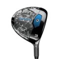 A close-up of a Callaway Women's Paradym Ai Smoke Max Fast Fairway Wood, a lightweight club with a black and silver head featuring marble-like patterns and blue accents designed for effortless launch.