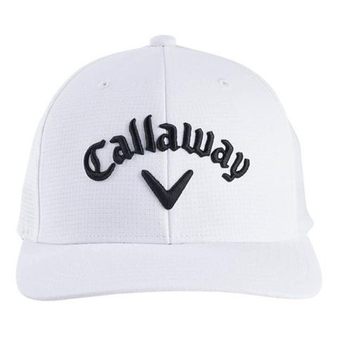 The Callaway Performance Pro Hat is a white golf hat featuring black Callaway embroidery and a chevron logo, offering moisture-wicking comfort on the course.
