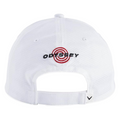 Back view of the Callaway Performance Pro Hat by Callaway, a white golf hat with ODYSSEY in black and a red bullseye target embroidered on the back, made from moisture-wicking fabric and featuring an adjustable strap.