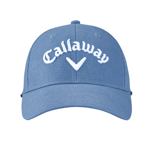 The Callaway Performance Pro Hat in light blue features a textured design, white embroidered Callaway logo on the front, and moisture-wicking fabric to keep you cool on or off the course.