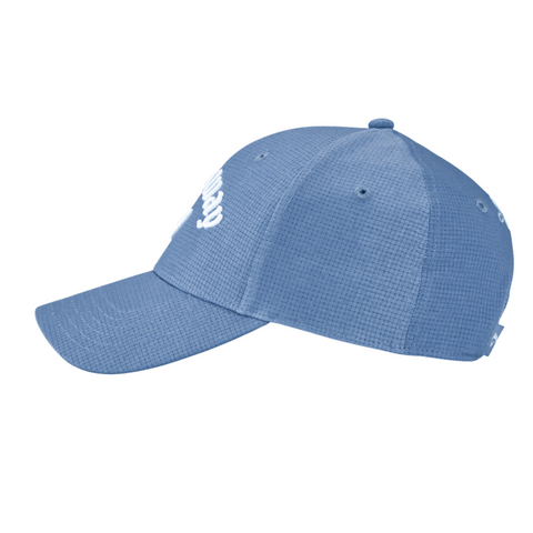 The Callaway Performance Pro Hat by Callaway is light blue with textured, moisture-wicking fabric, a white embroidered front design, curved brim, and ventilation eyelets. Shown from a side angle.