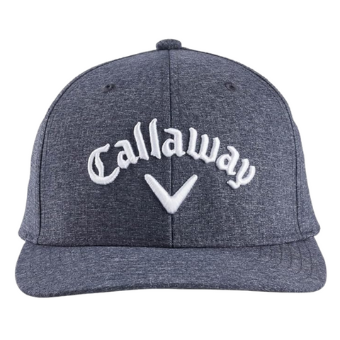The Callaway Performance Pro Hat is a dark grey golf hat featuring the Callaway name and white chevron logo embroidered on the front, with moisture-wicking fabric for comfort.