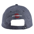 A Callaway Performance Pro Hat in heather gray is shown from the back, featuring ODYSSEY and a red target logo embroidered above the opening, plus a small black and white chevron logo on its adjustable moisture-wicking strap.