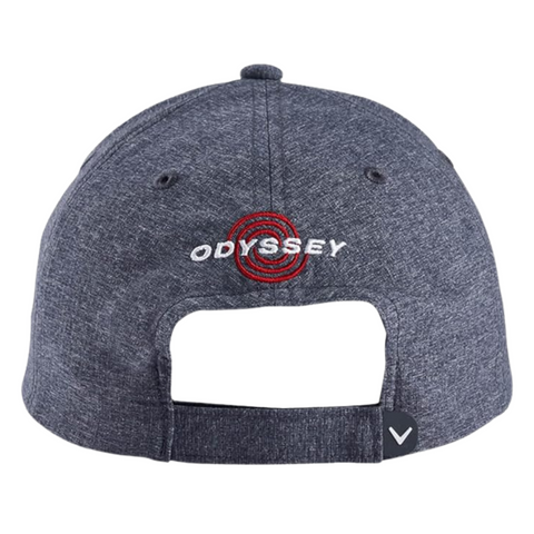 A Callaway Performance Pro Hat in heather gray is shown from the back, featuring ODYSSEY and a red target logo embroidered above the opening, plus a small black and white chevron logo on its adjustable moisture-wicking strap.