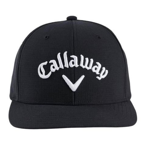 The Callaway Performance Pro Hat is a black golf cap with white embroidered Callaway text and logo on the front. Made from moisture-wicking fabric for comfort, its from the brand Callaway and shown against a white background.
