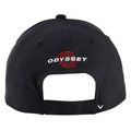 The Callaway Performance Pro Hat is a black golf hat with ODYSSEY embroidered in white above the adjustable strap, accented by red rings. A small white chevron decorates the moisture-wicking strap, showcasing Callaways signature branding.